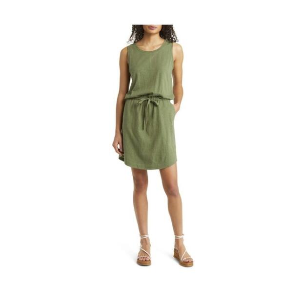 Caslon Organic Cotton Drawstring Mini Dress Sz 3X in Green Sorel Sleeveless - Picture 1 of 8